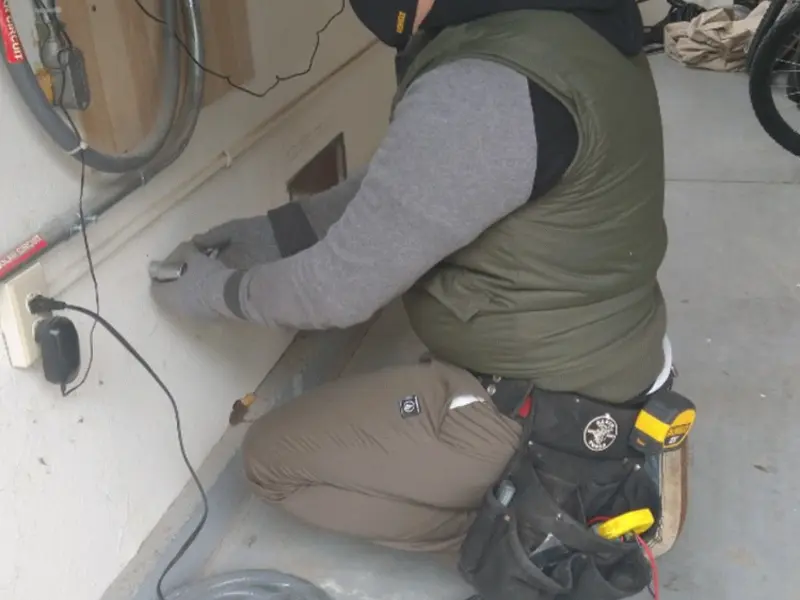 Electrician performing outlet wiring in a Chelmsford garage